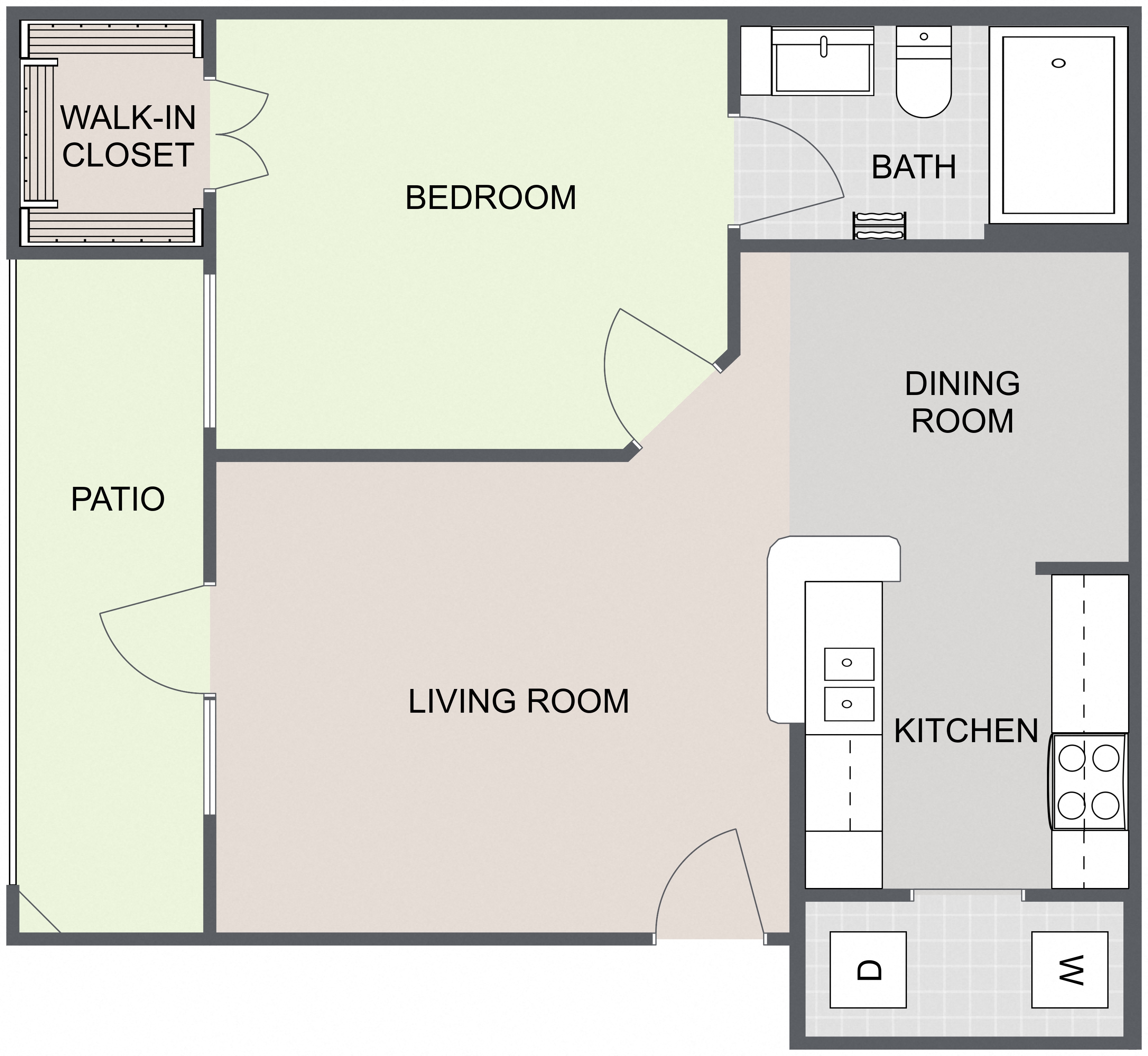 Floor plan for 1 bed, 1 bath, 632 sqft